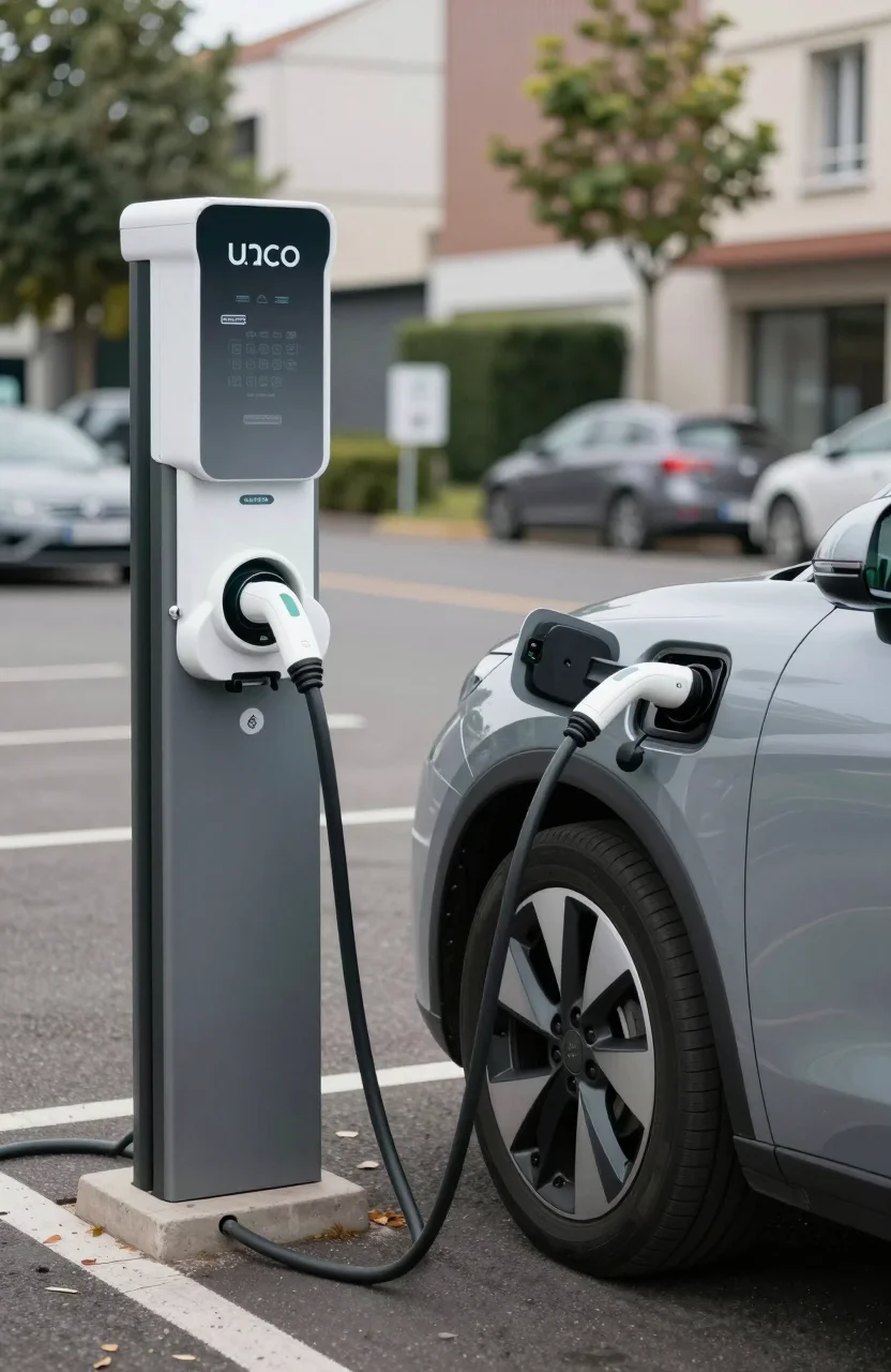 Borne de recharge électrique en parking urbain en journée