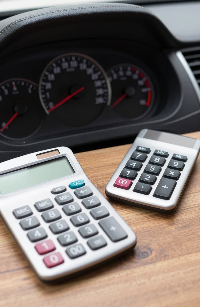 Tableau de bord de voiture et calculatrice près d'un plein de carburant