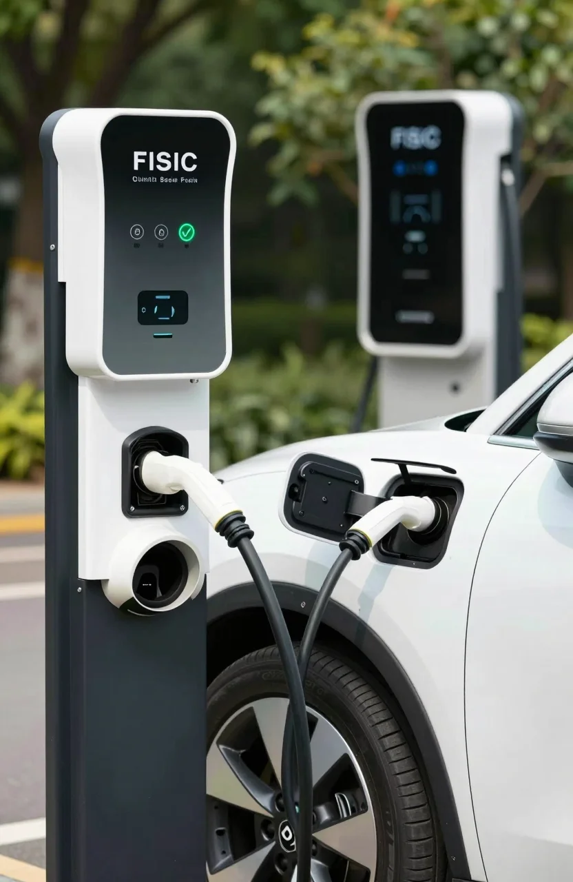 Voiture electrique en charge sur une borne publique en plein jour