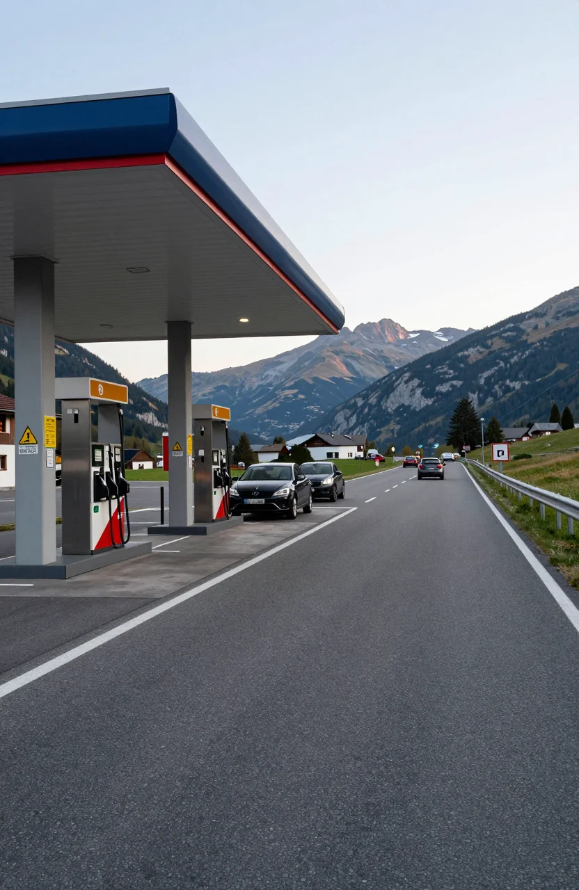 Station-service proche d une frontiere alpine vue depuis une route