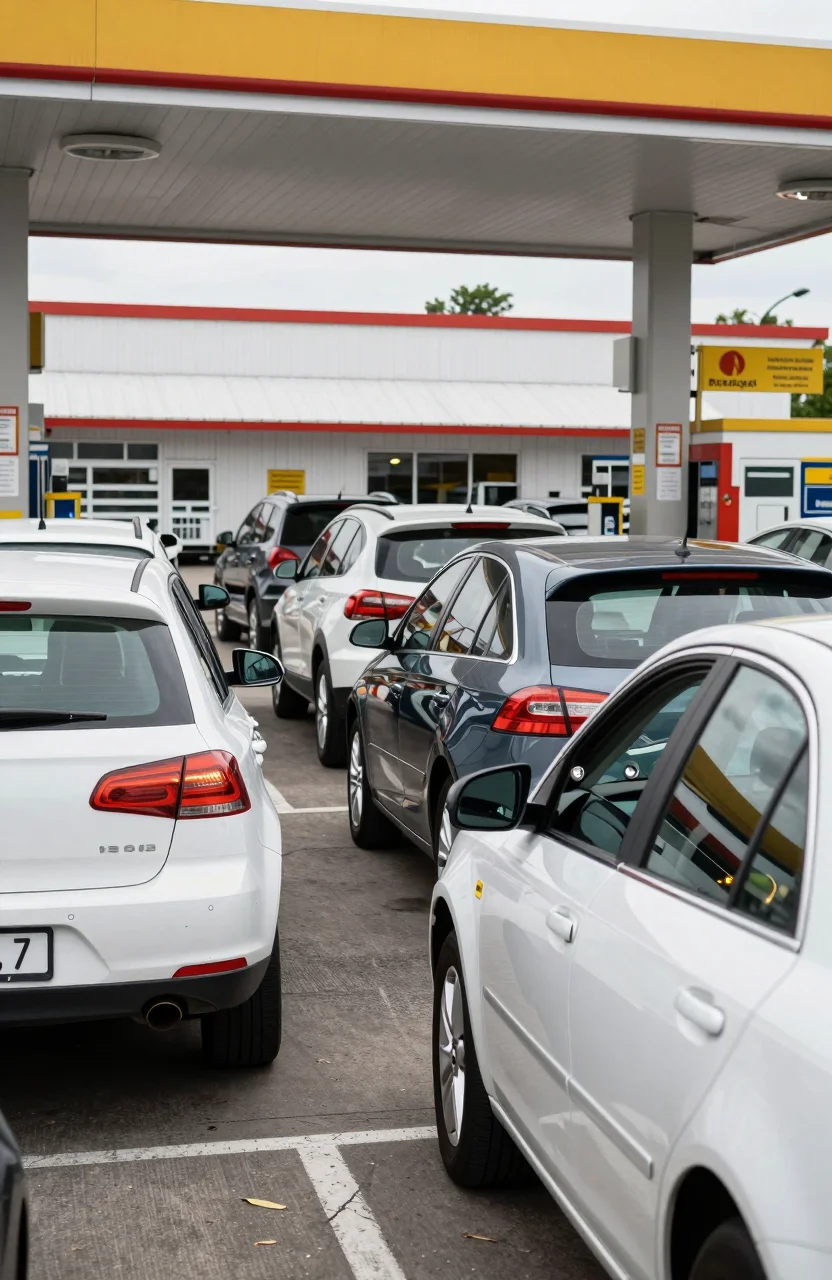 File de voitures devant les pompes d une station hypermarche un jour de promotion