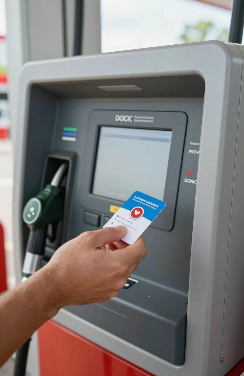 Conducteur présentant une carte fidélité à la caisse d'une station-service