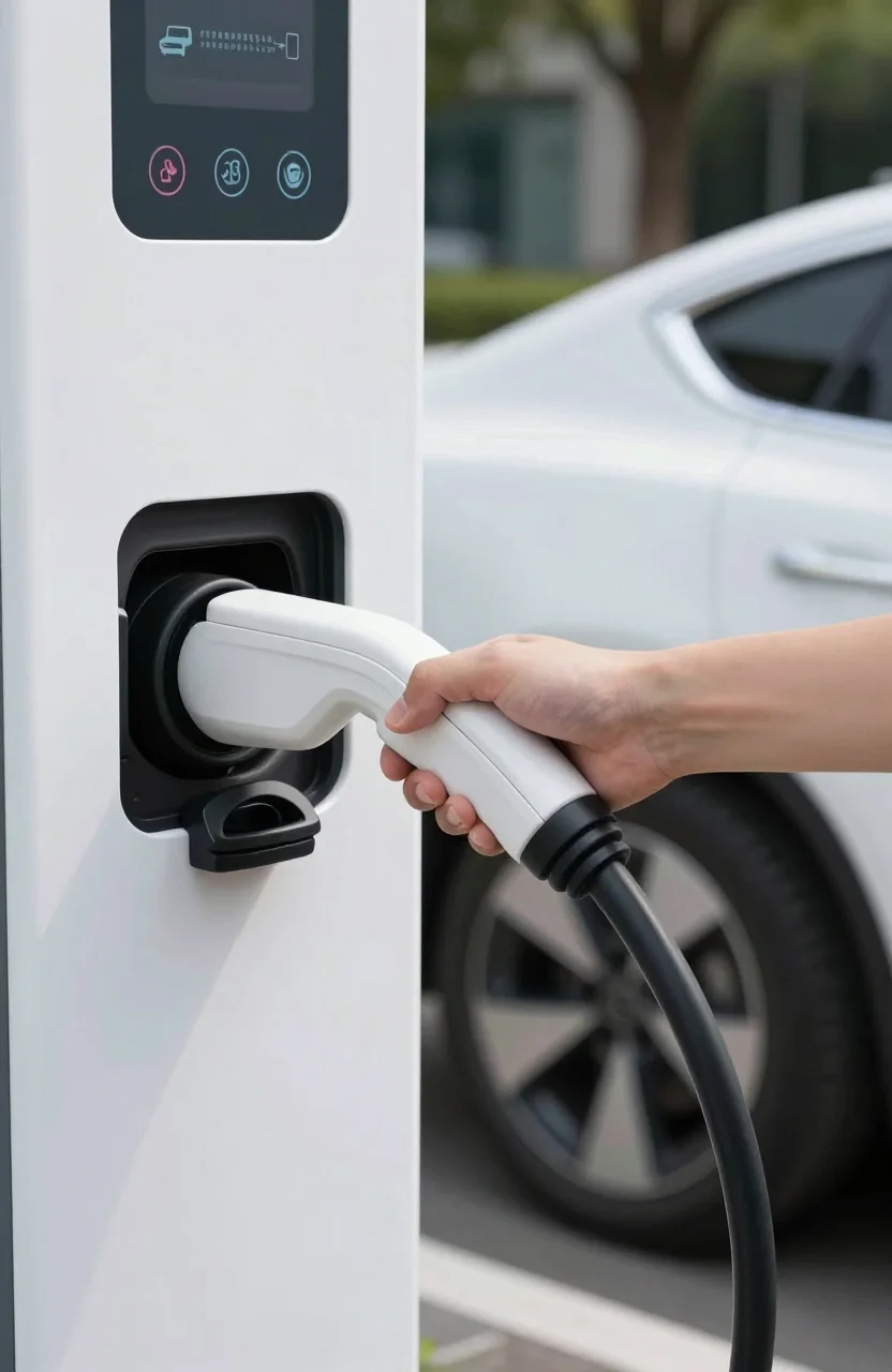 Conducteur branchant une voiture electrique sur une borne de recharge en exterieur