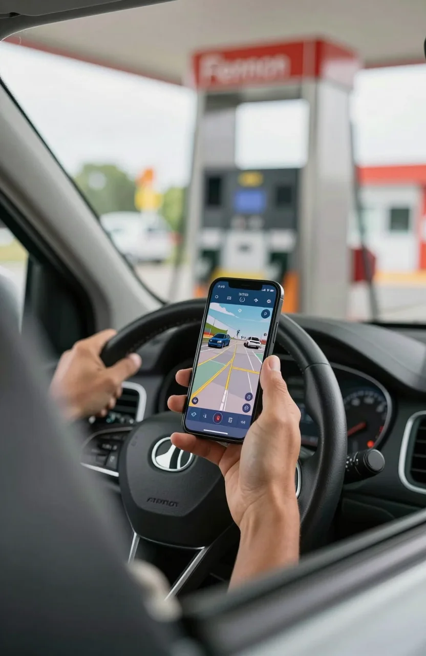 Conducteur consultant son smartphone au volant sur un parking de station-service