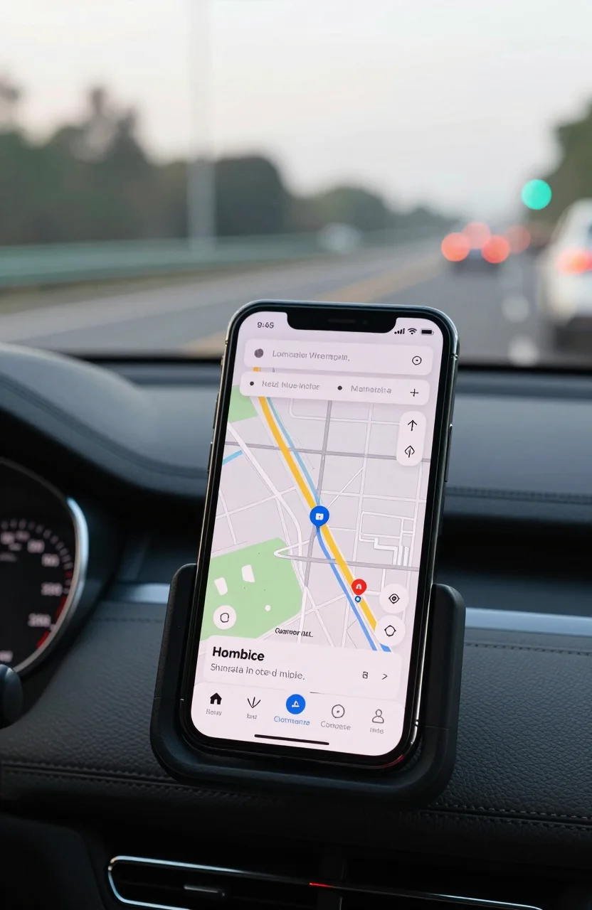 Smartphone avec navigation GPS sur le tableau de bord d'une voiture