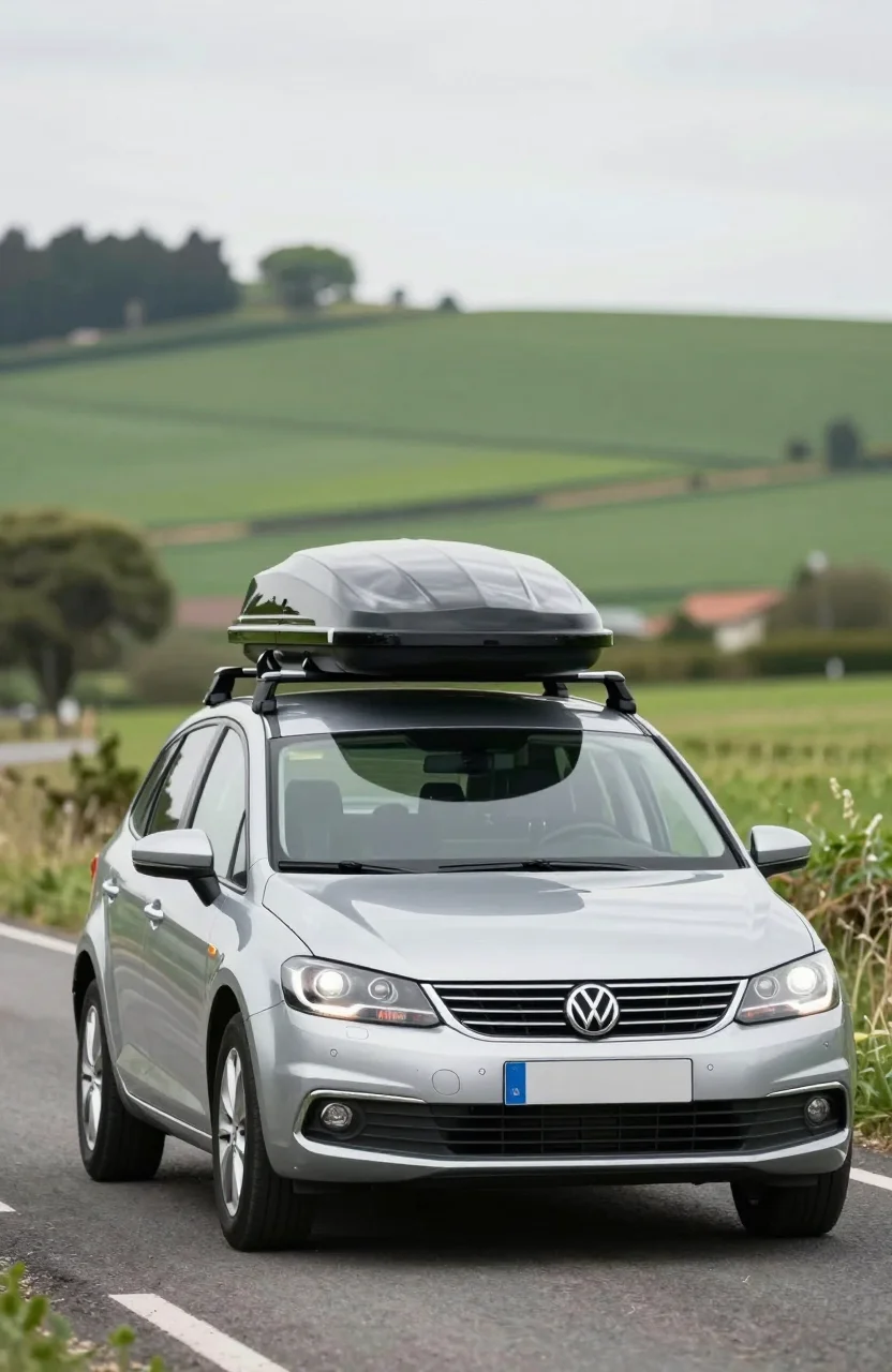 Voiture avec coffre de toit sur une route de campagne