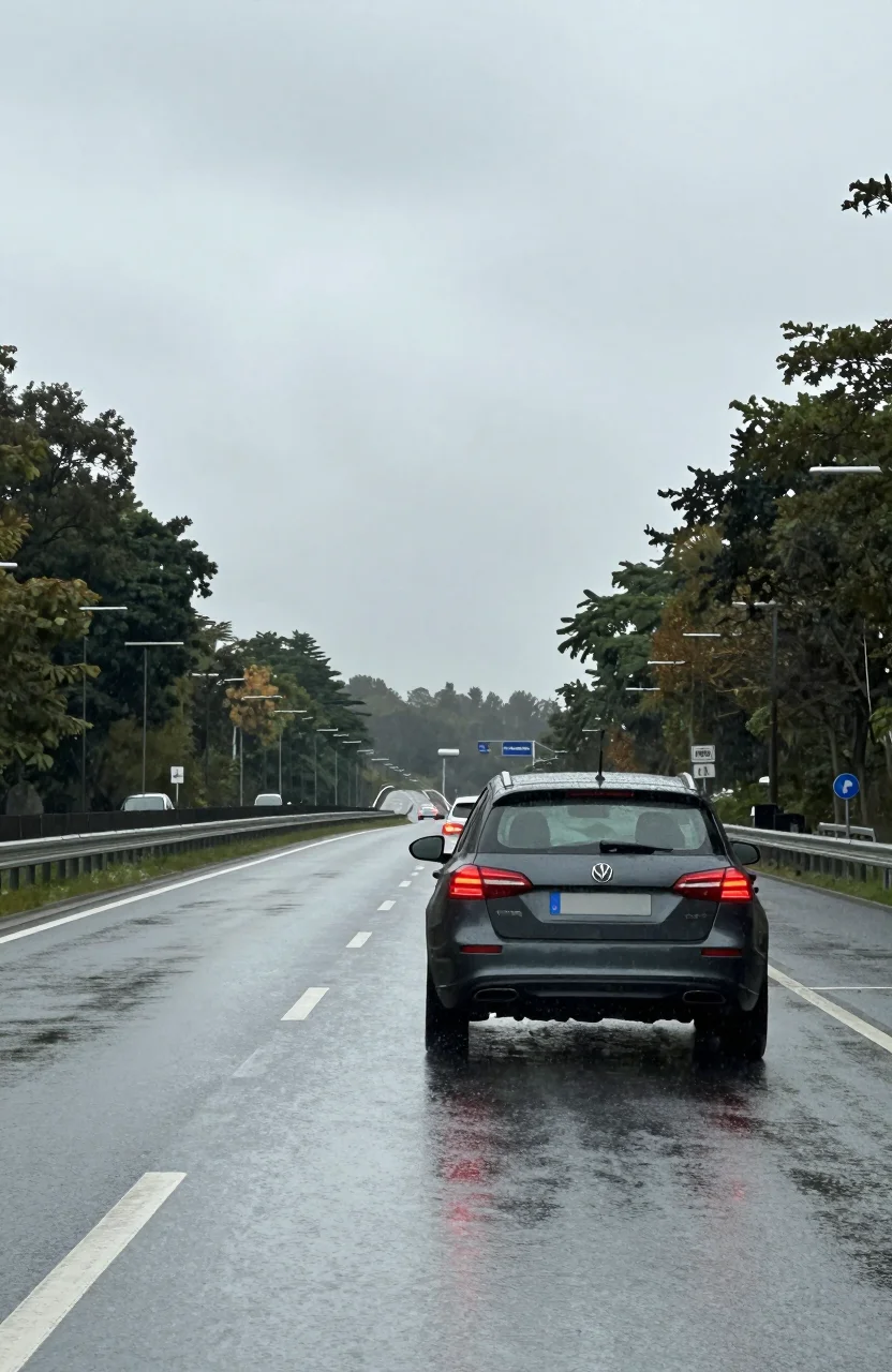 Voiture sur route mouillée avec distance de sécurité visible