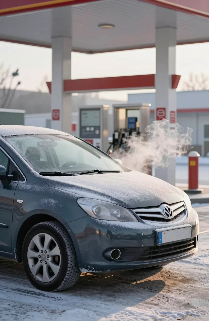 Voiture garee un matin d'hiver devant une station-service, givre sur le pare-brise