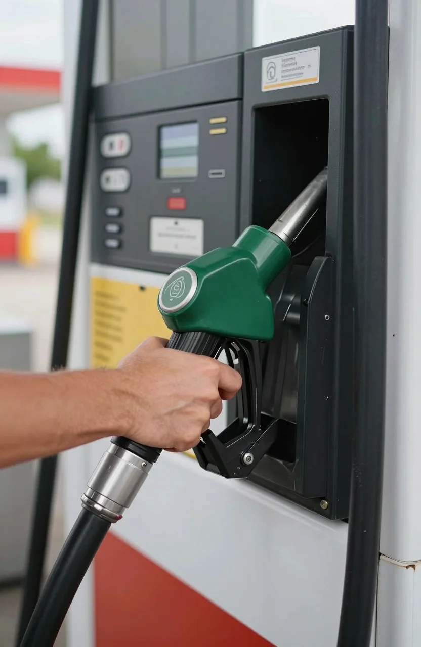 Pompe a carburant dans une station-service, pistolet en main