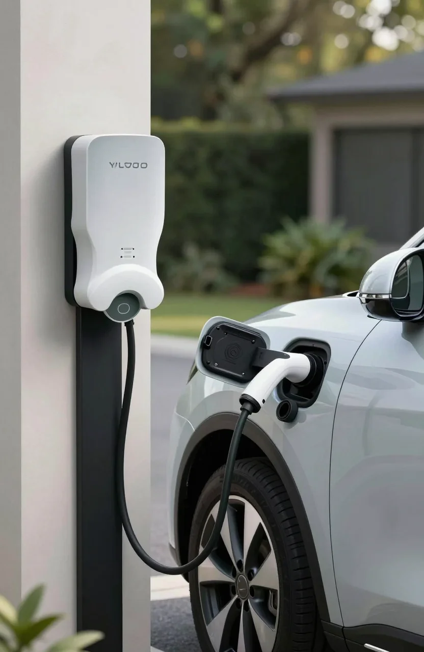Voiture hybride rechargeable branchee a une wallbox devant une maison