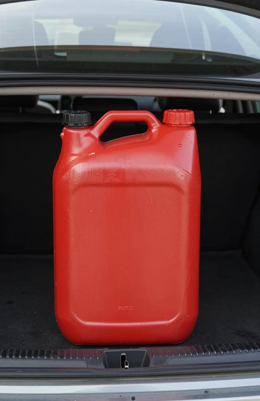 Jerrican d'essence homologue pose debout dans un coffre de voiture
