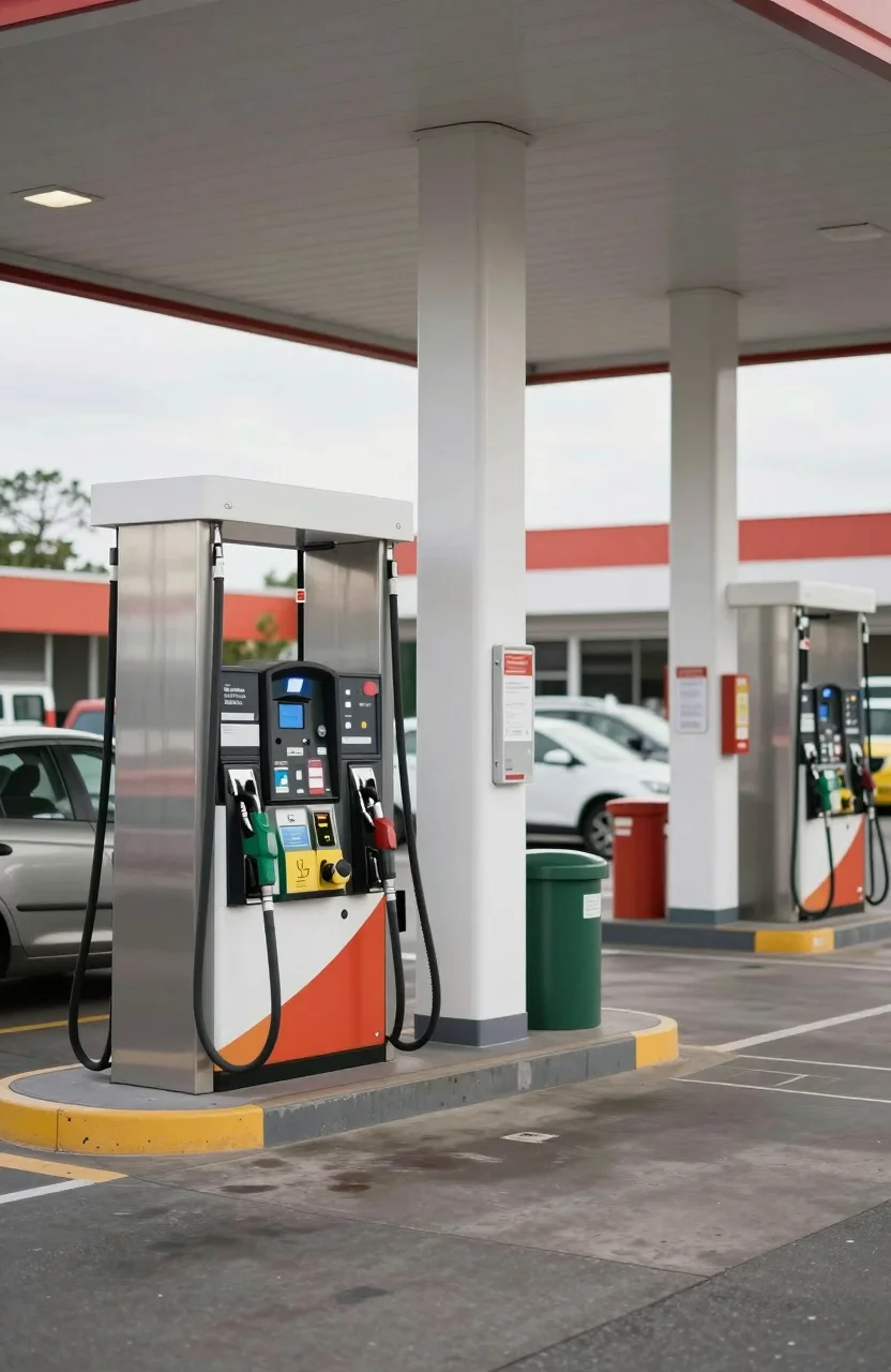 Station-service d un hypermarche avec pompes essence sous un ciel clair