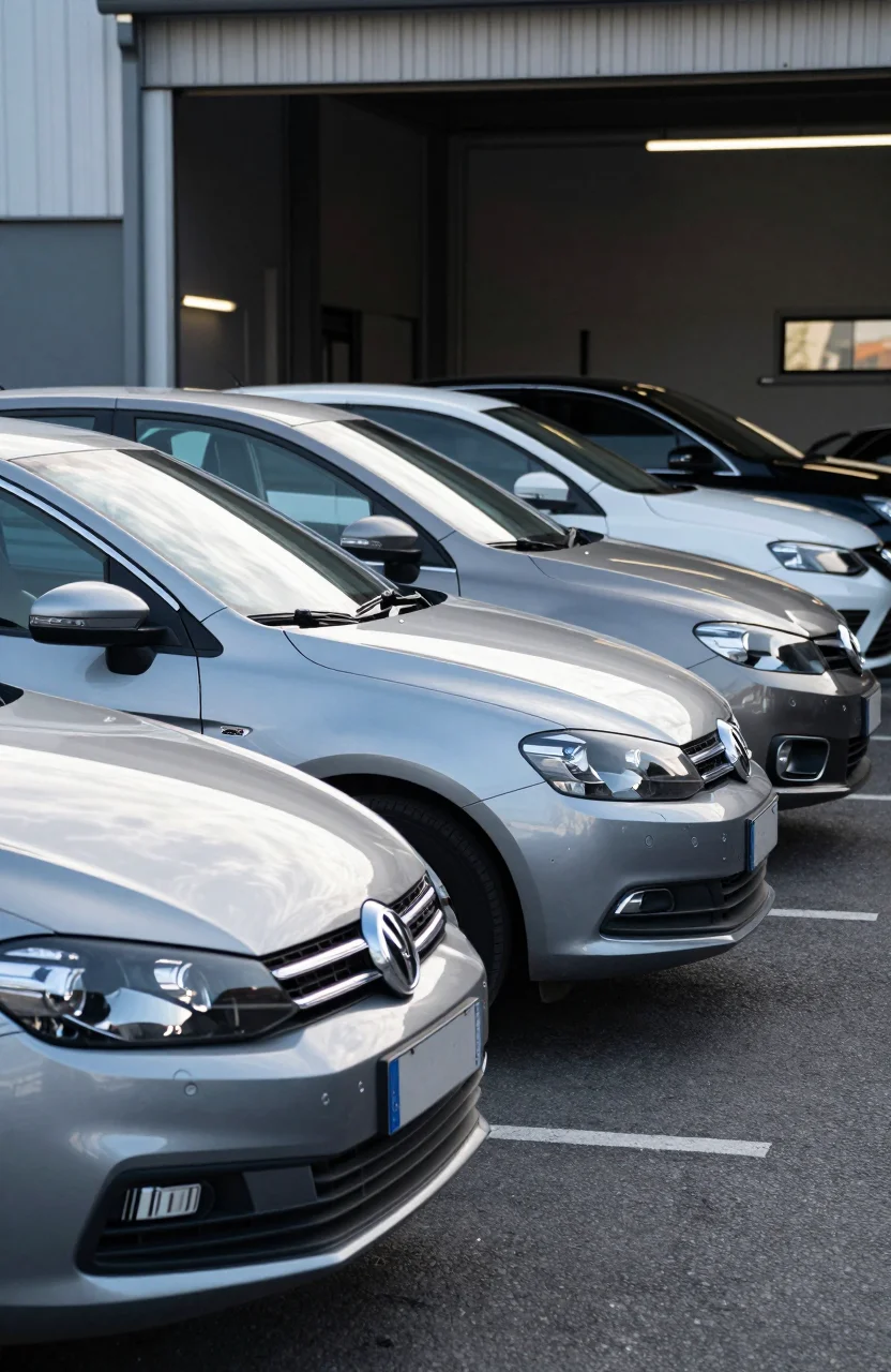 Plusieurs voitures d'occasion alignées devant un garage de réparation