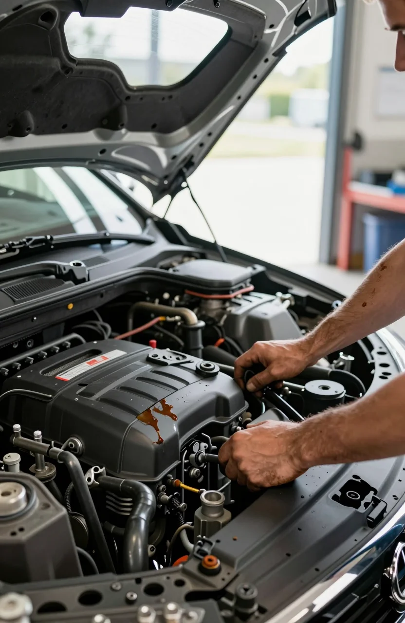 Mécanicien inspectant le moteur d'une voiture d'occasion dans un garage