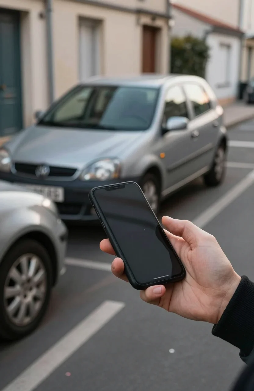 Personne consultant des avis clients sur un smartphone près d'une voiture d'occasion