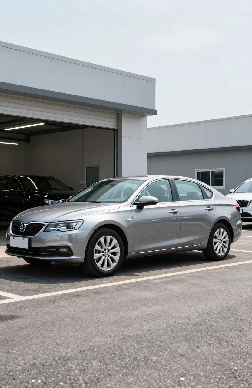 Concession automobile et voiture d'occasion côte à côte sous un ciel clair