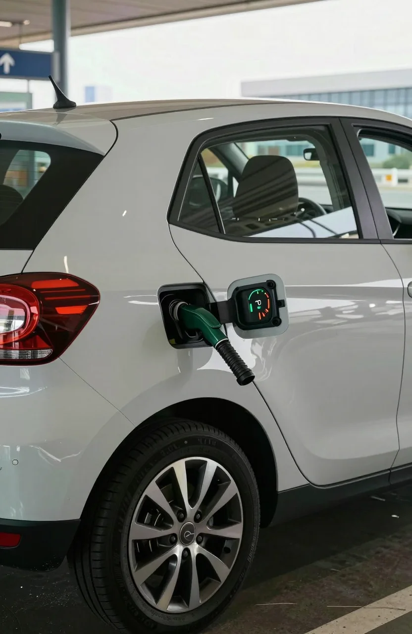 Voiture de location au depot aeroport avec jauge de carburant visible