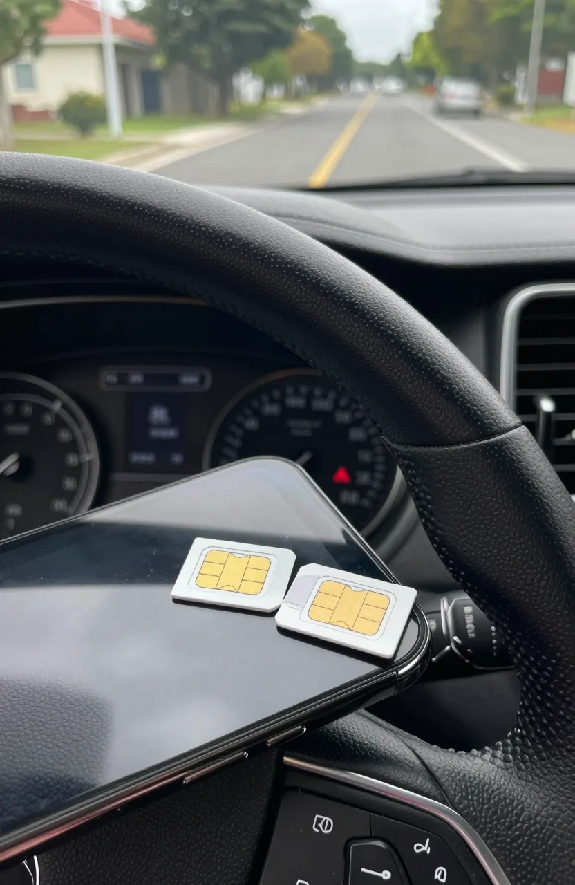 Deux cartes SIM et un telephone sur le tableau de bord d'une voiture
