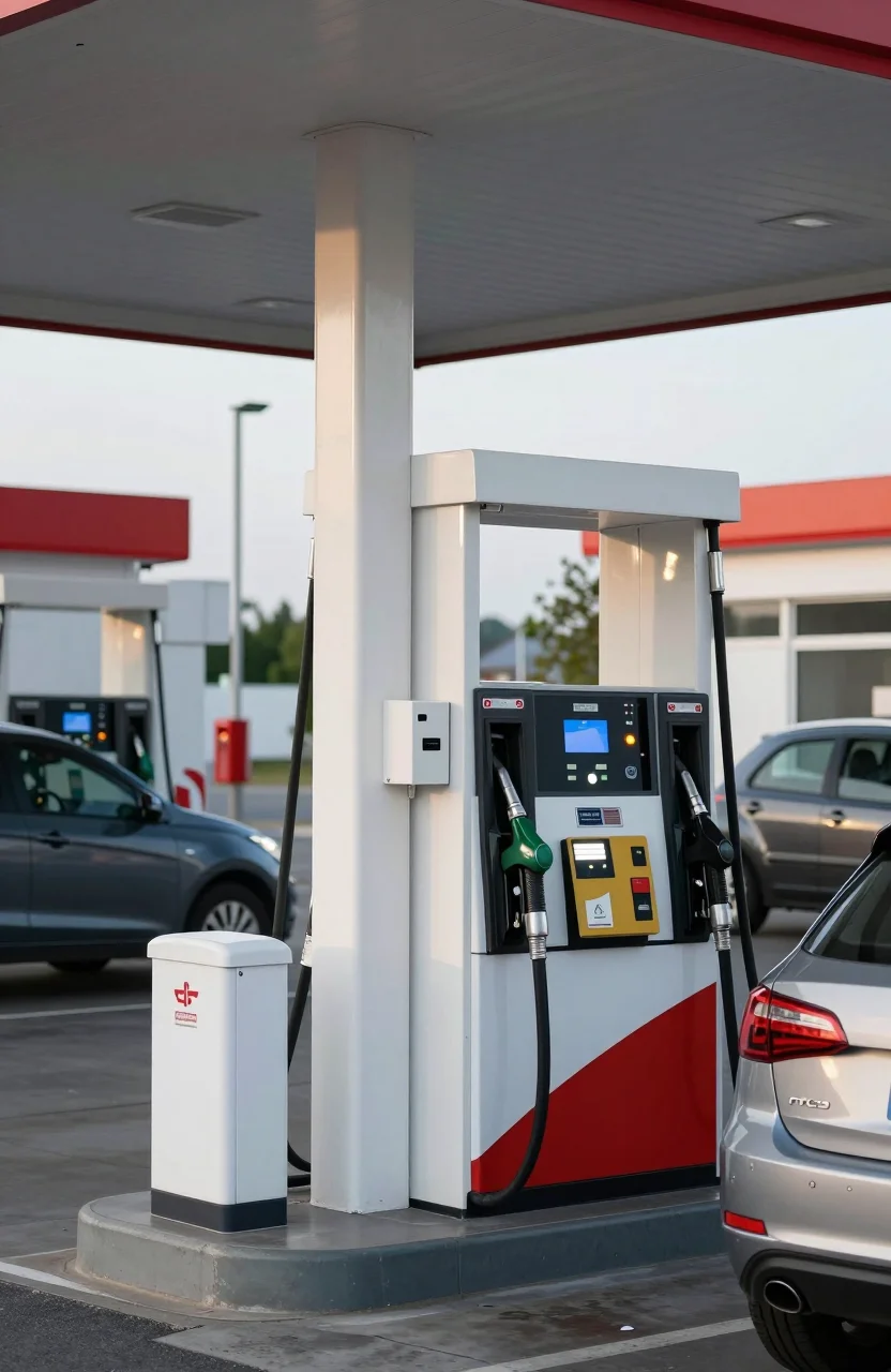 Station-service en fin d'après-midi avec voitures à la pompe sous une lumière douce