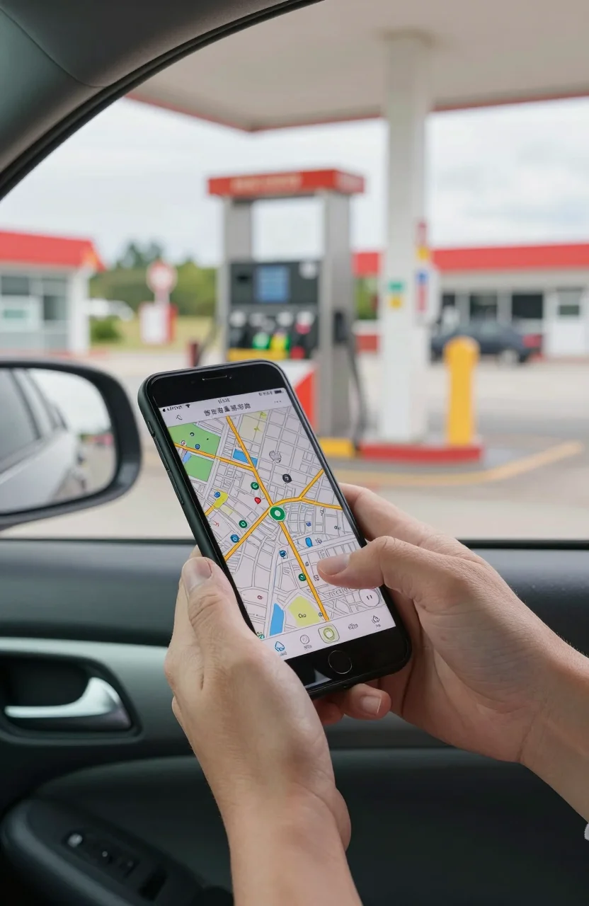 Conducteur consultant une carte de stations-service sur smartphone
