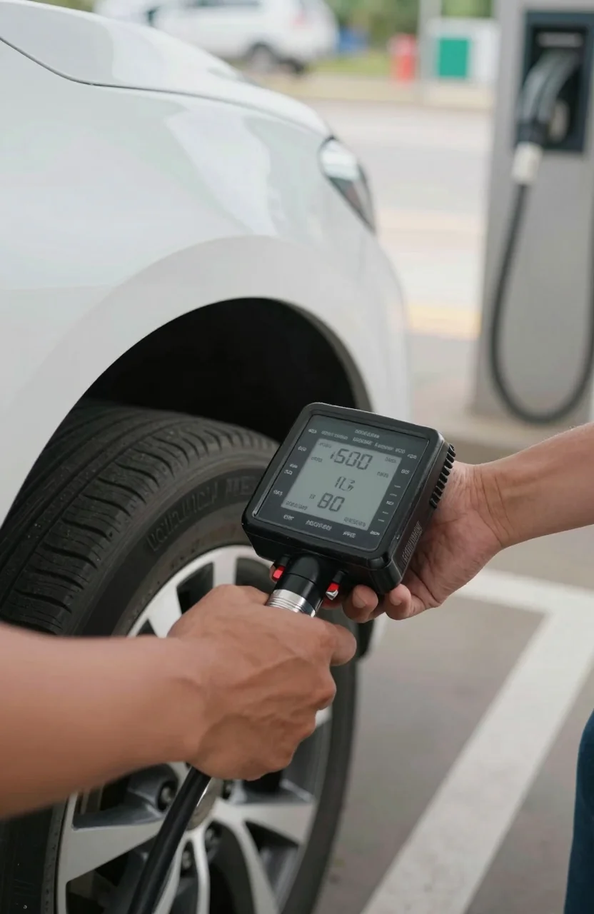 Contrôle de la pression d'un pneu de voiture avec un manomètre à une station-service