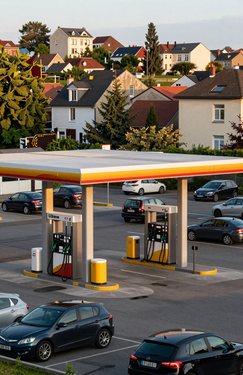 Station-service en Île-de-France au petit matin, files de pompes et trafic periurbain