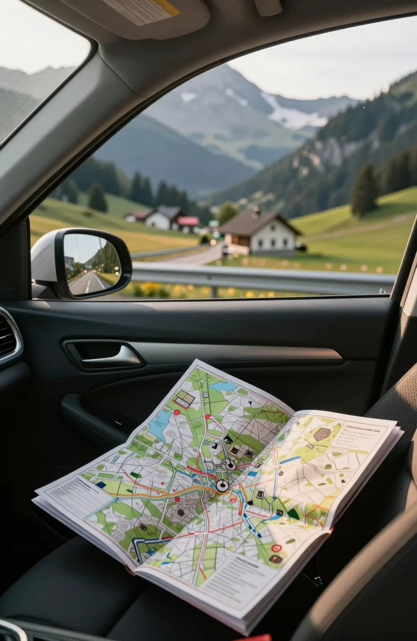 Voiture sur route europeenne au soleil couchant pour un road trip