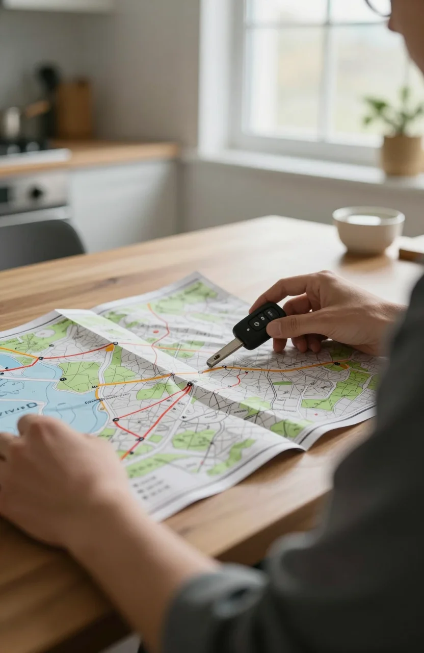 Conducteur consultant une carte routiere avant un trajet longue distance