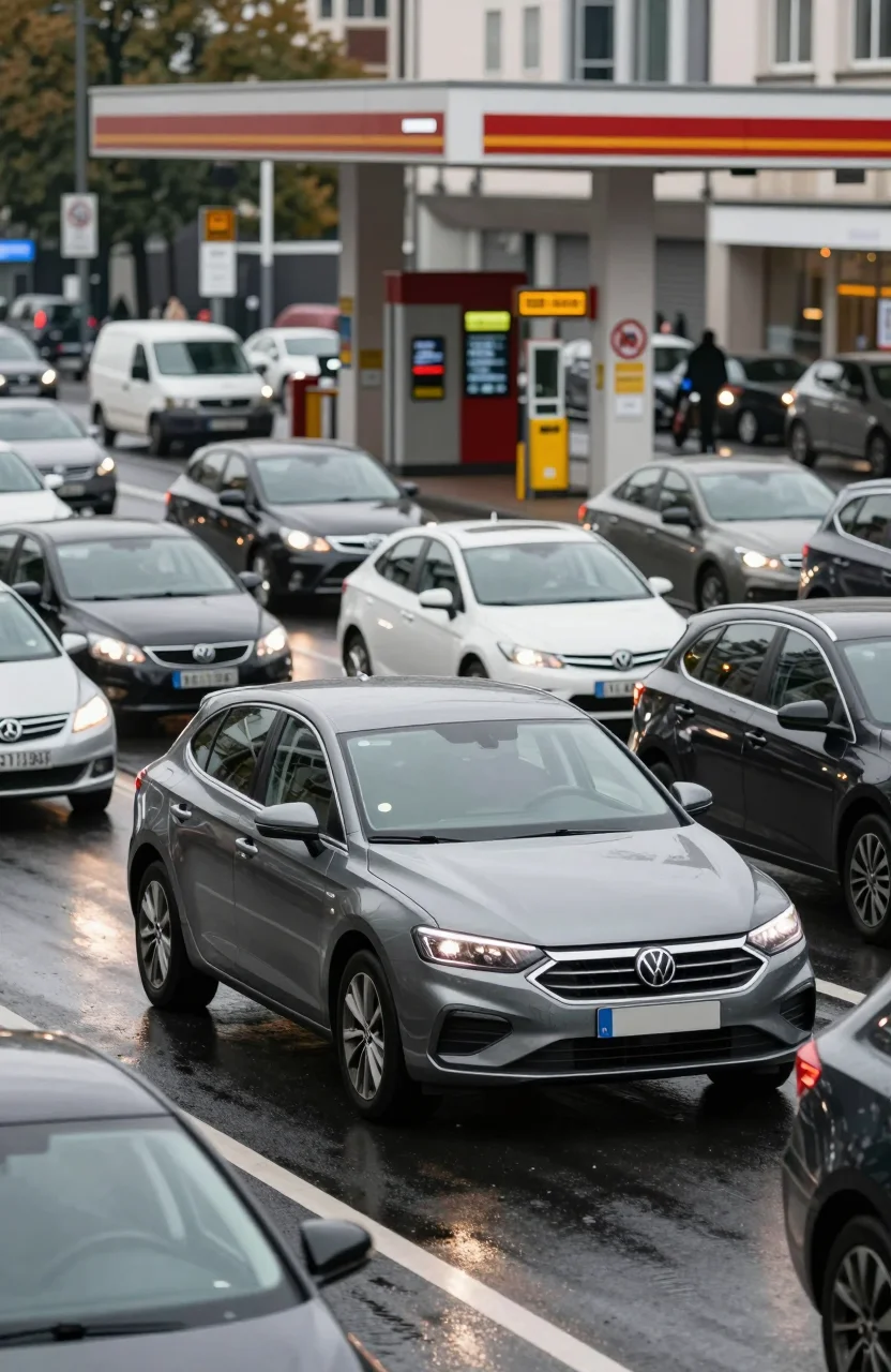 Voiture diesel en circulation urbaine dense près d'une station
