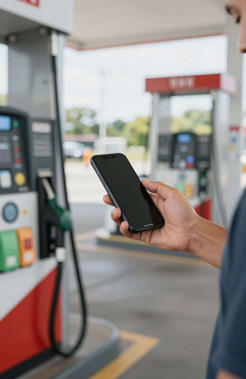 Conducteur consultant une carte de stations-service sur smartphone près d'une pompe