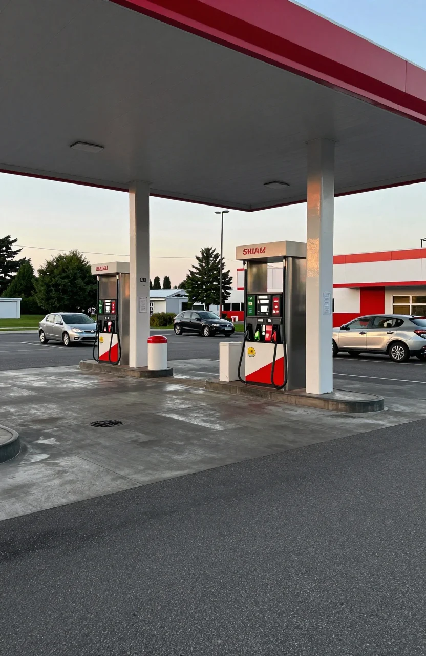 Station-service ouverte un dimanche matin avec quelques voitures a la pompe