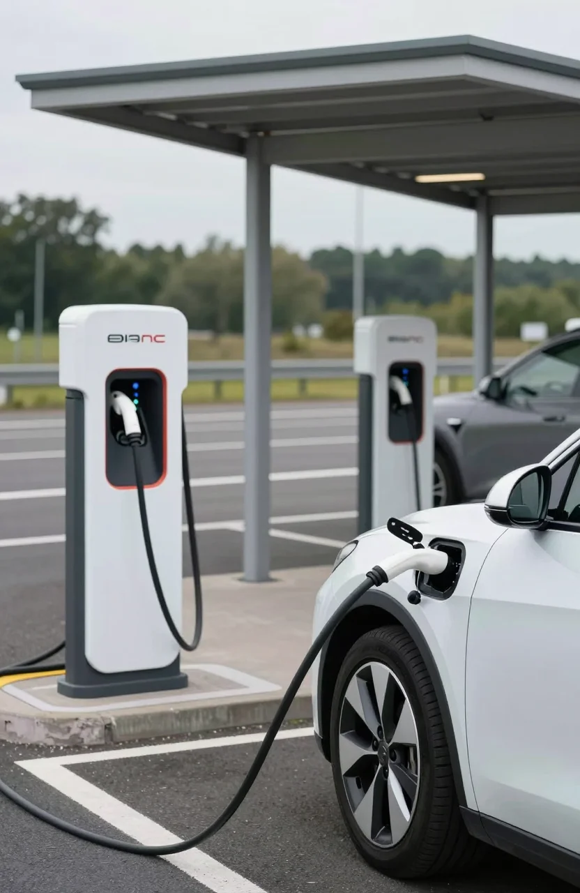 Station de recharge rapide electrique en bord d'autoroute sous un ciel clair