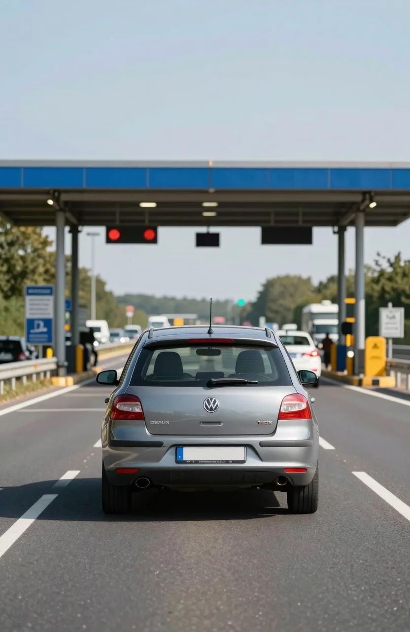 Voiture sur autoroute approchant d'une gare de peage francaise