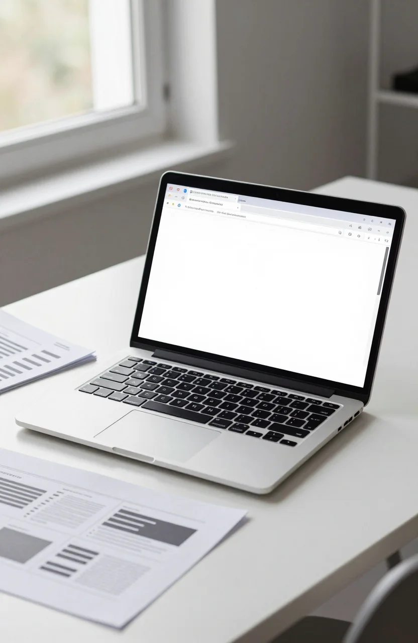 Photorealistic desk scene with a laptop showing a blank browser window beside printed wireframes