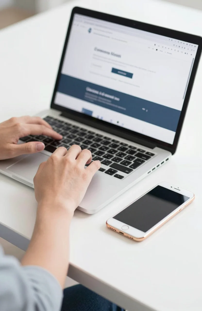 Person checking a website on a laptop and phone side by side on a bright desk before submitting a form