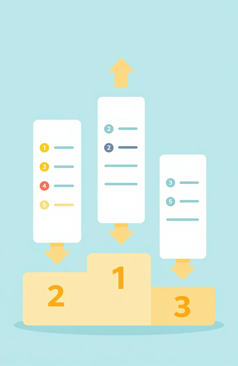 Abstract leaderboard podium with ranking indicators and project cards in a clean interface