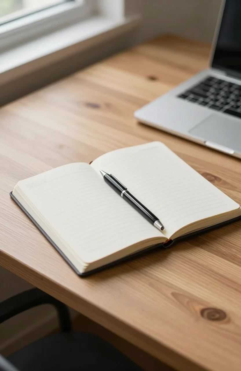 Organized desk with a notebook and laptop suggesting a focused submission plan