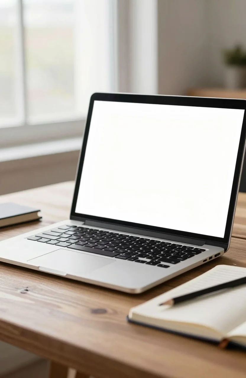 Photorealistic workspace with a notebook sketch pad and laptop open to a blank light screen