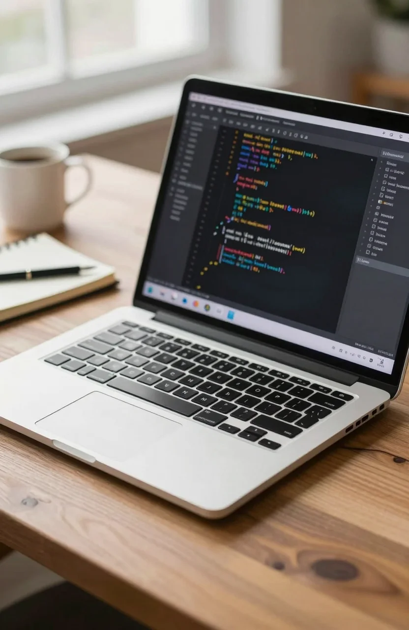 Laptop on a wooden desk showing an open code editor beside a notebook and coffee cup in natural daylight