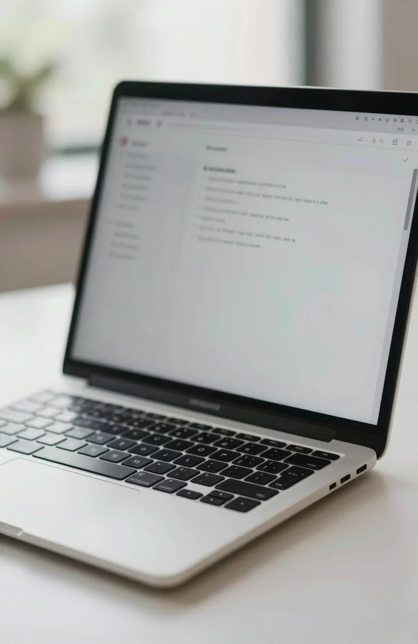 Laptop on a bright desk showing a blurred product interface suitable for a listing screenshot