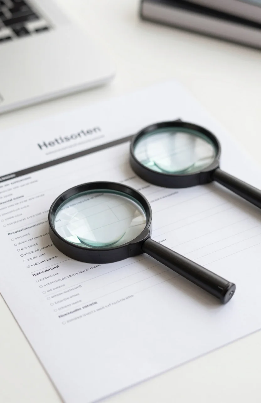 Two magnifying glasses inspecting a clean website listing page on a bright desk