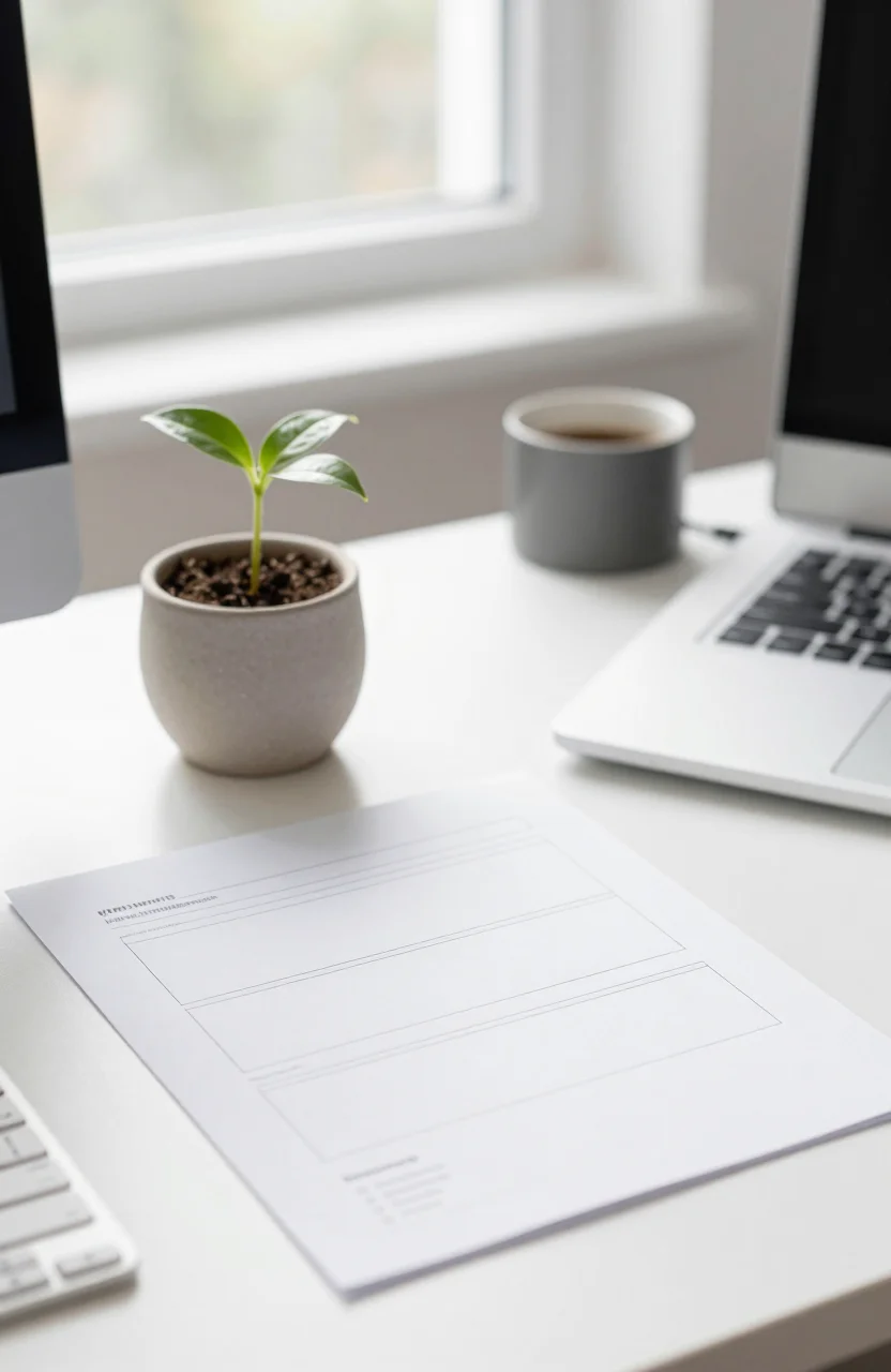 Fresh green seedling growing beside a simple website wireframe on a bright desk