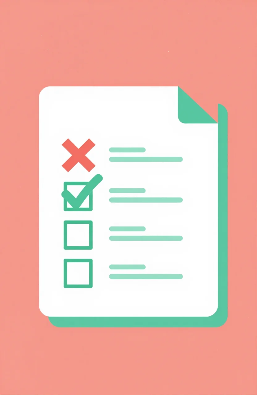Abstract rejected document with a checklist and a recovery arrow in a clean minimal layout
